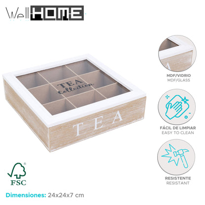 Well Home Caja De Té De 9 Compartimentos Con Tapa De Vidrio En Mdf Blanco