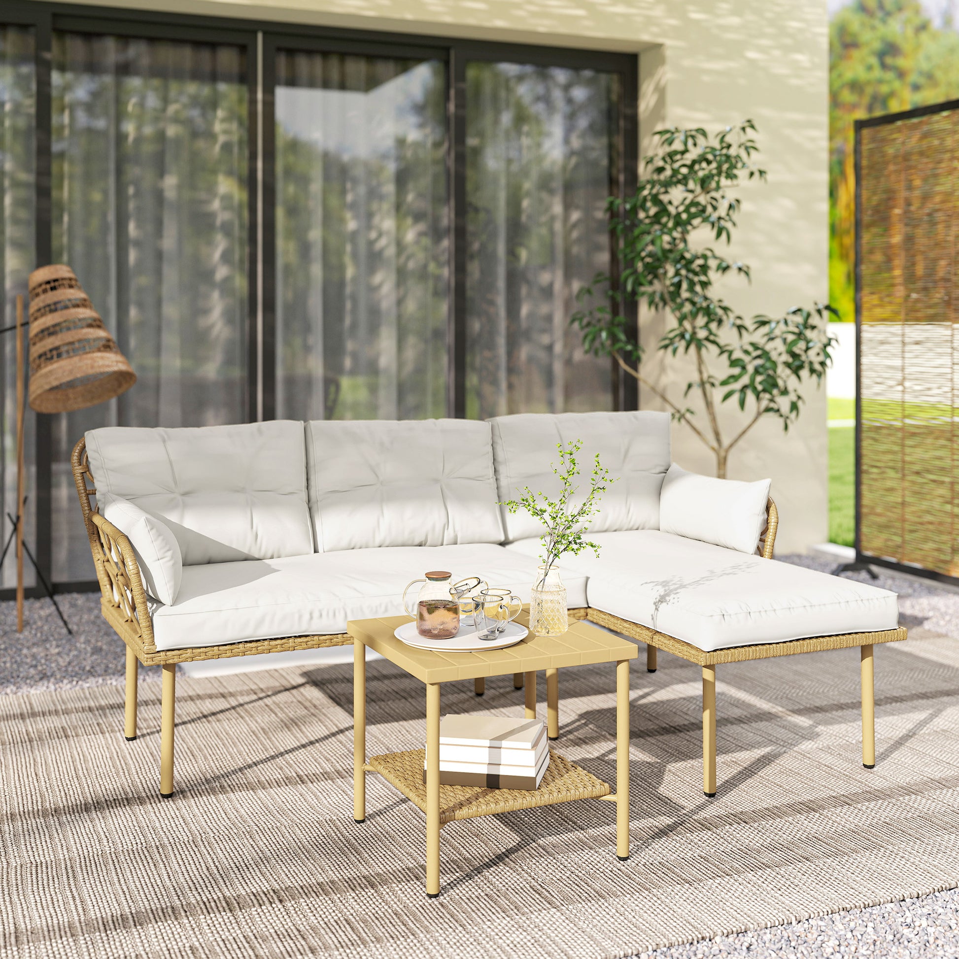 Outsunny Conjunto De Jardín De Ratán Sintético De 3 Piezas Natural Y Crema_1