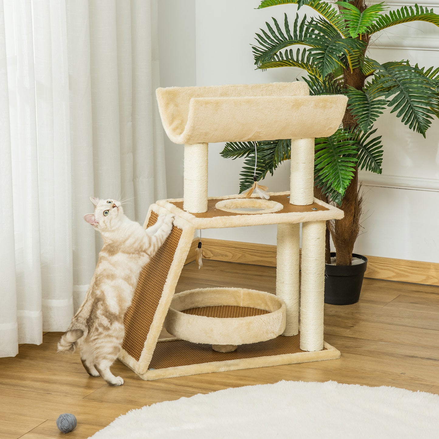 Pawhut Árbol Rascador Para Gatos 60x30x76cm Con Cama Postes Rascadores De Sisal_1