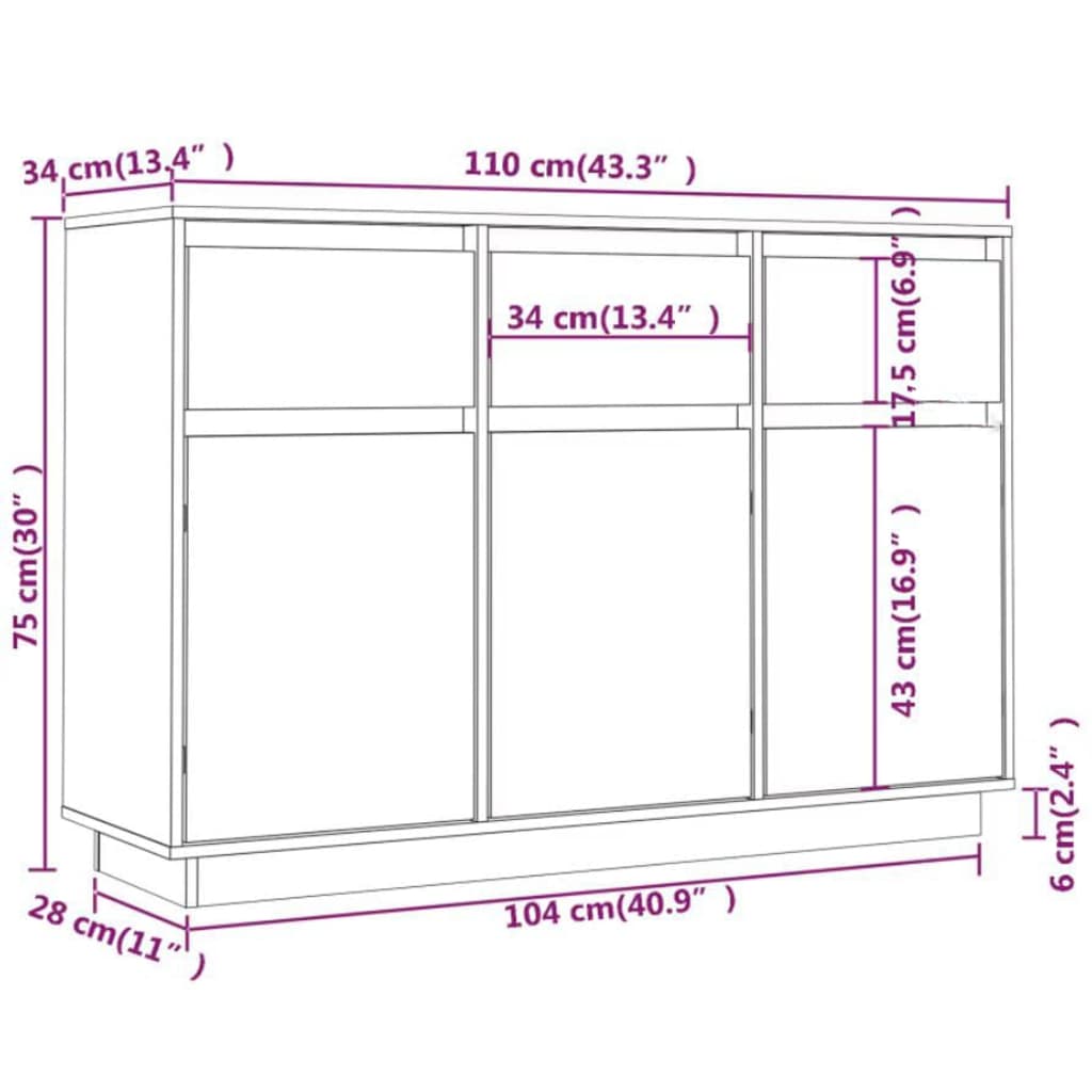 Aparador De Madera Maciza De Pino Negro 110x34x75 Cm / Vetonek_3