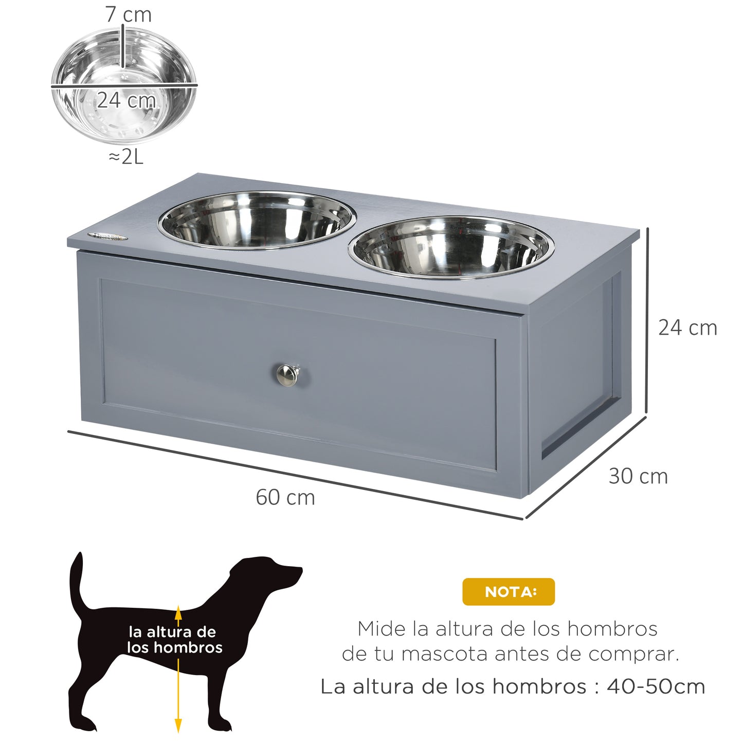 Pawhut Comedero Elevado Para Perros Con 2 Cuencos De 2l Y Cajón 63x30x24 Cm Gris_2
