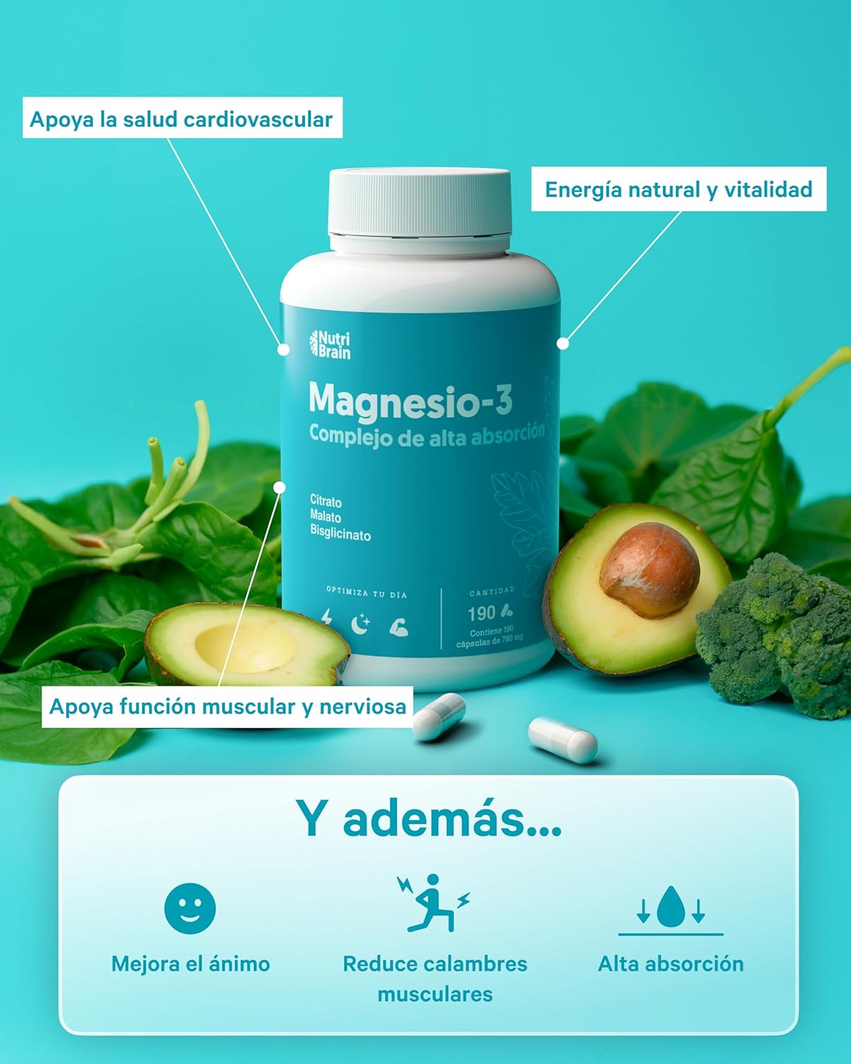 Magnesio Complex 2530mg Citrato Malato Bisglicinato Nutribrain 190 Cápsulas_3