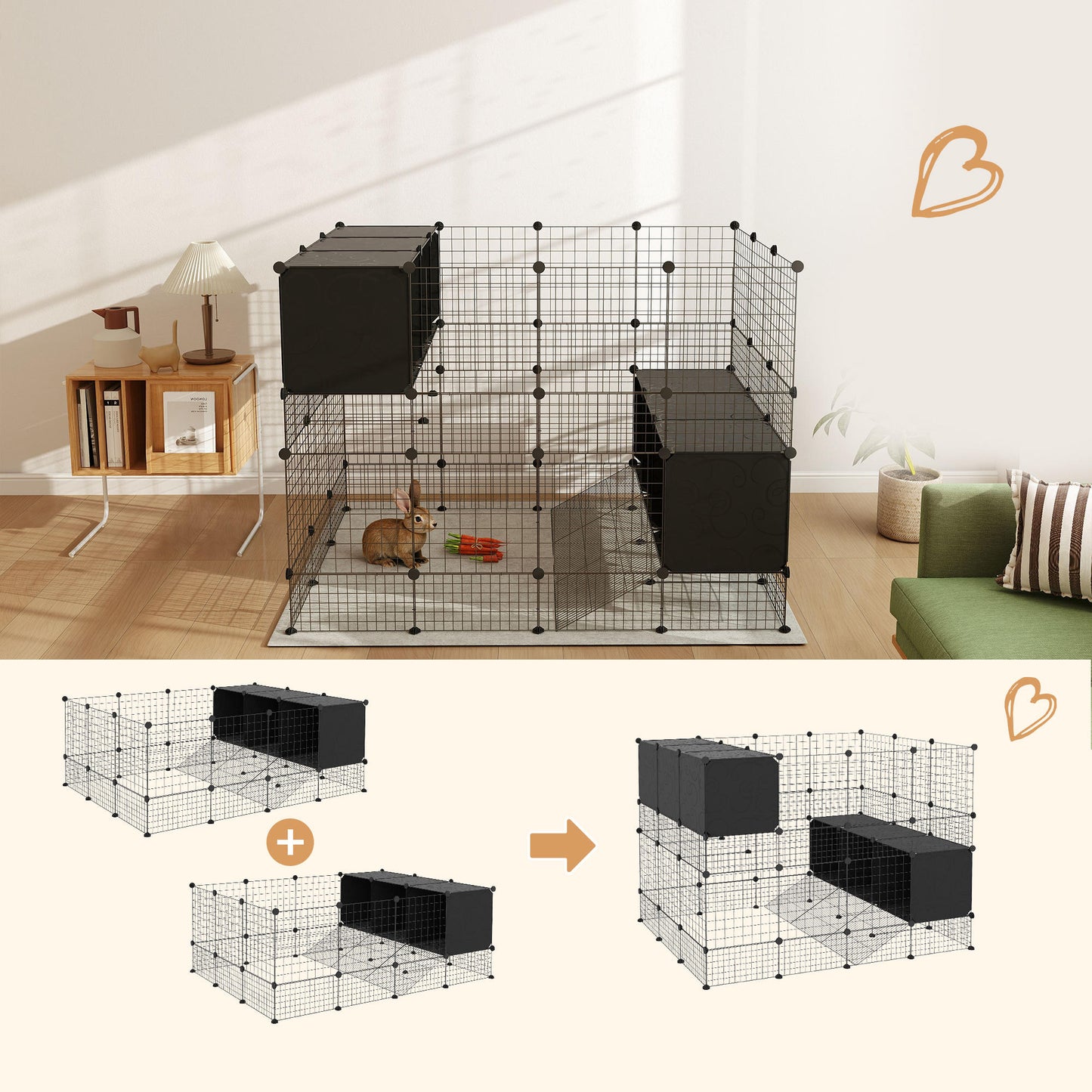 Pawhut Valla Para Mascotas De Bricolaje Con 3 Nidos Recinto Para Conejos Negro_3