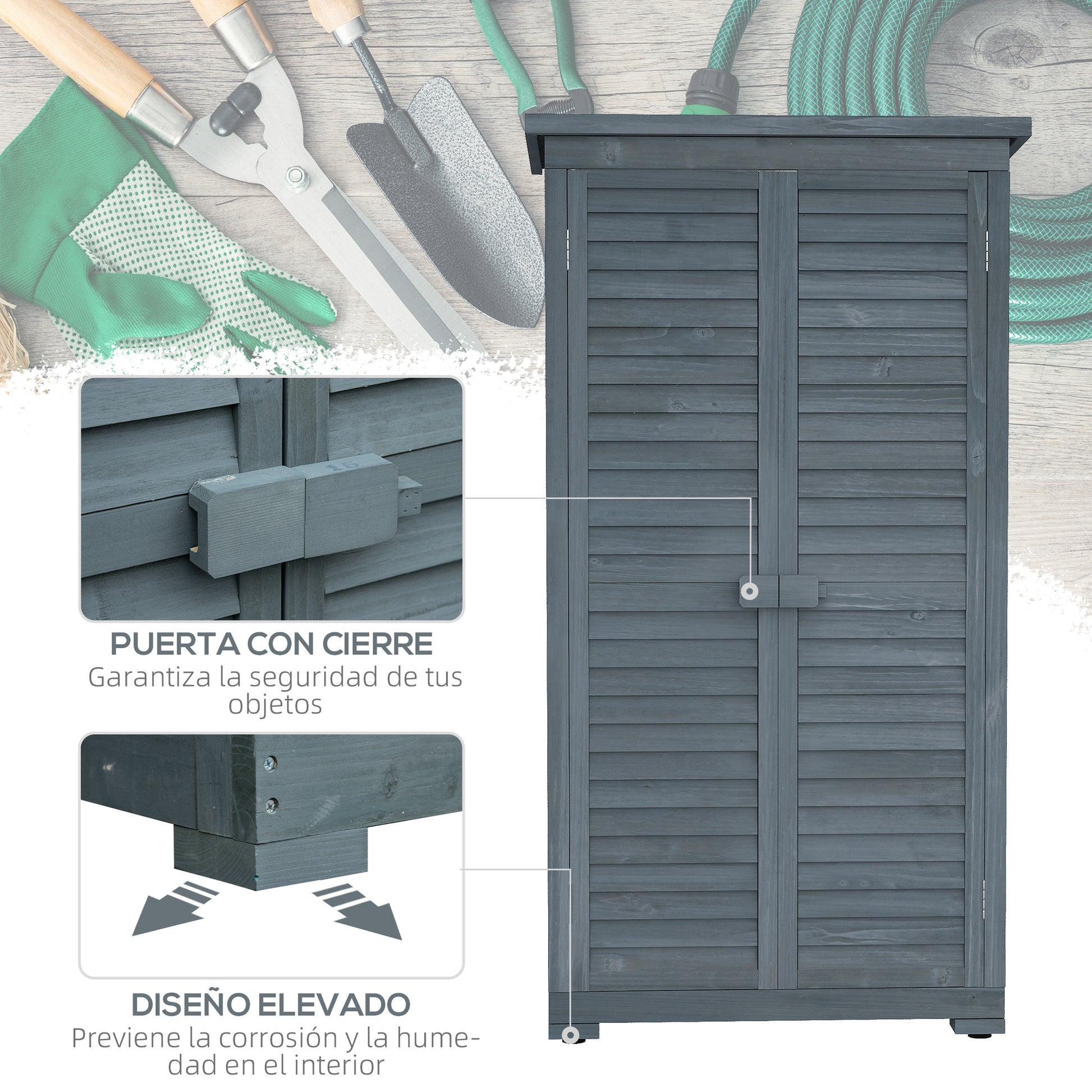 Outsunny Cobertizo De Madera 0,31 M² Con 2 Puertas Y 2 Estantes Gris_5