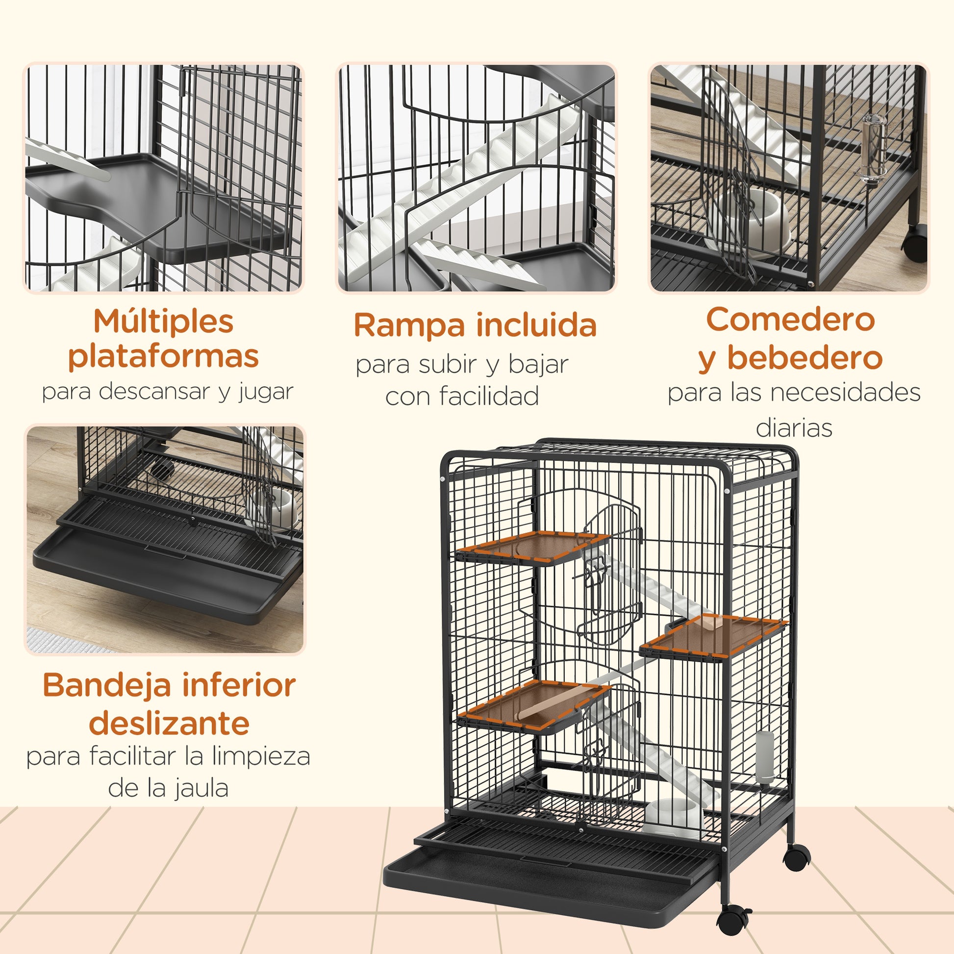 Pawhut Jaula Para Roedores Con Ruedas 61,5x44x95 Cm Comedero Bandeja Extraíble_5