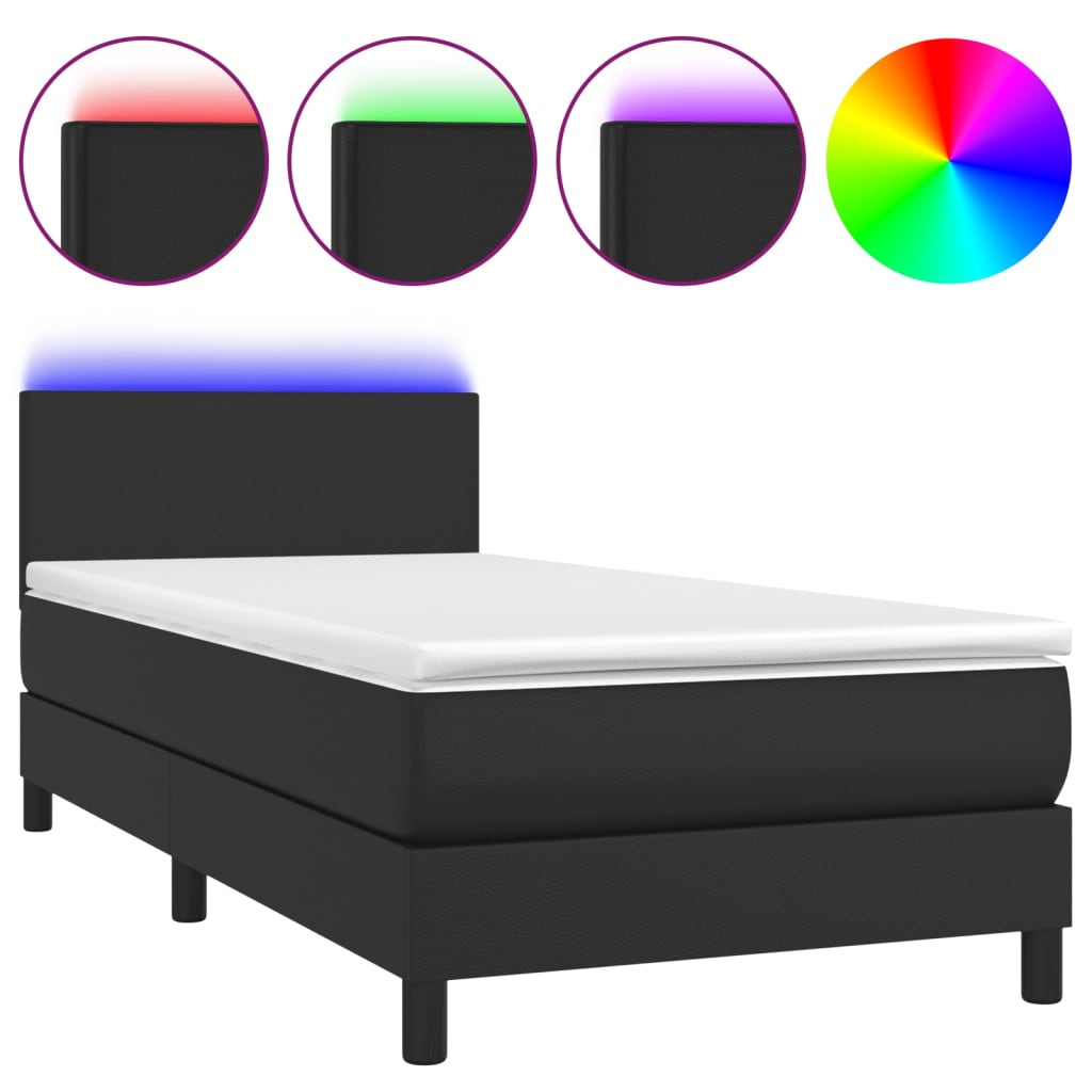 Cama Box Spring Y Colchón Led Cuero Sintético Negro 90x200 Cm / Vetonek_4