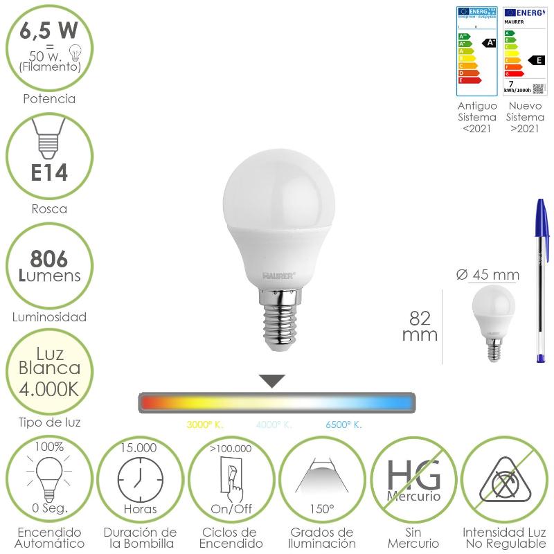 Bombilla Led Esfera Rosca E14. 6.5 Watt. Equivale A 50 Watt. 806 Lumenes. Luz Neutra 4000º K._0
