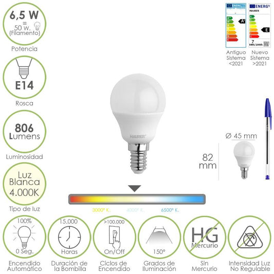 Bombilla Led Esfera Rosca E14. 6.5 Watt. Equivale A 50 Watt. 806 Lumenes. Luz Neutra 4000º K._0