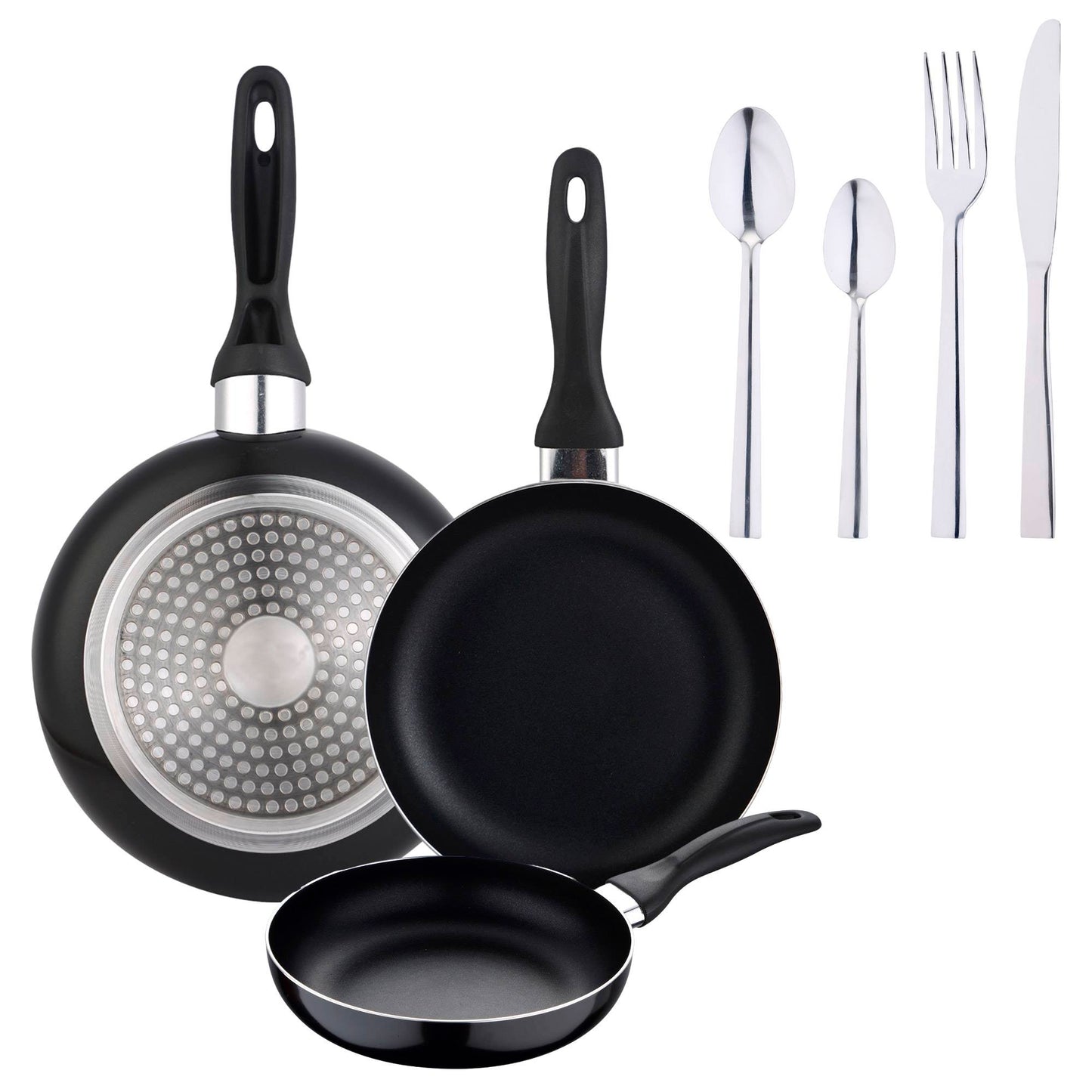 Set De 3 Sartenes + 24 Piezas De Cubertería Cromada, Durabilidad Y Estilo En Tu Cocina_0