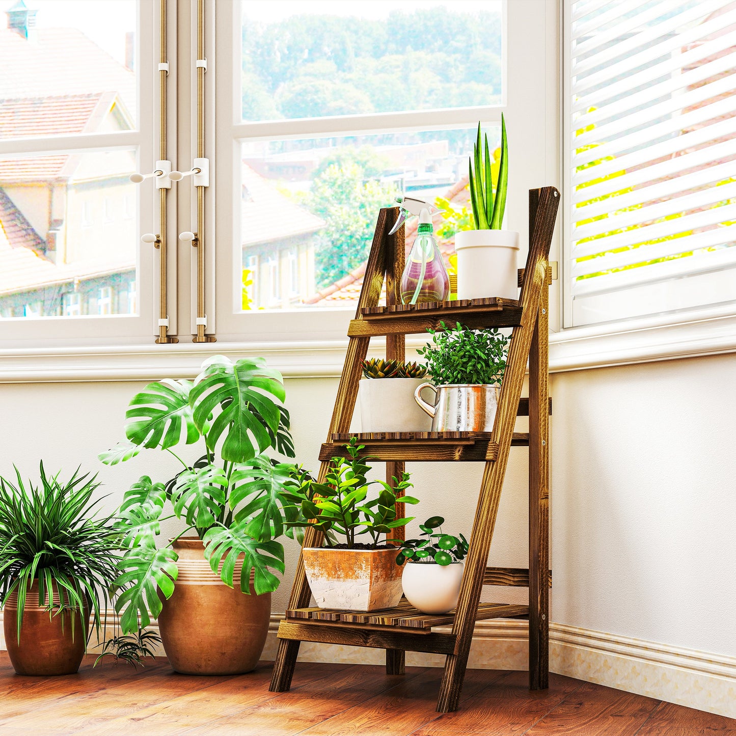 Outsunny Soporte Para Plantas De Madera De 3 Niveles Plegable 40x37x93cm Natural_1