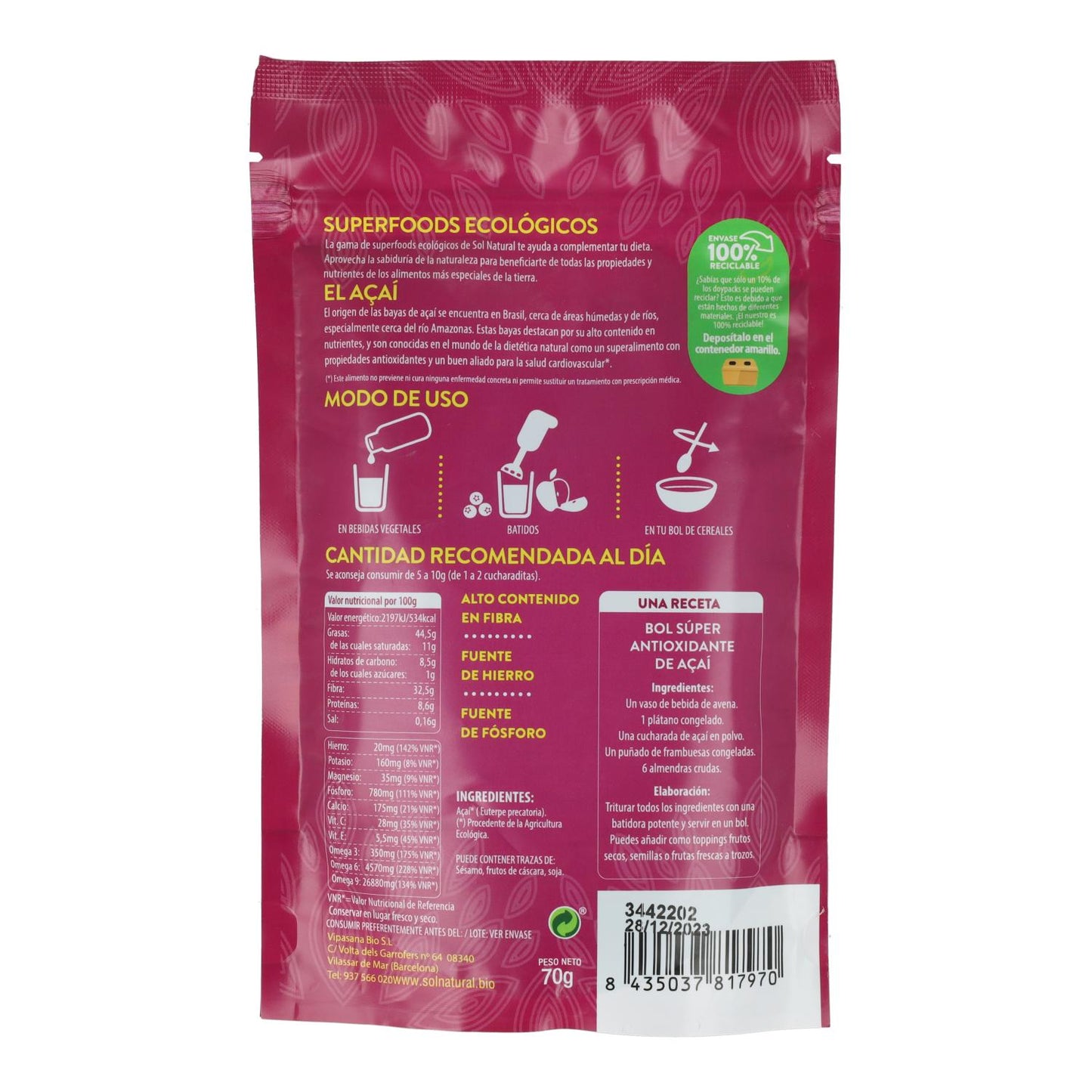 Açaí en polvo bio Sol Natural 70 g