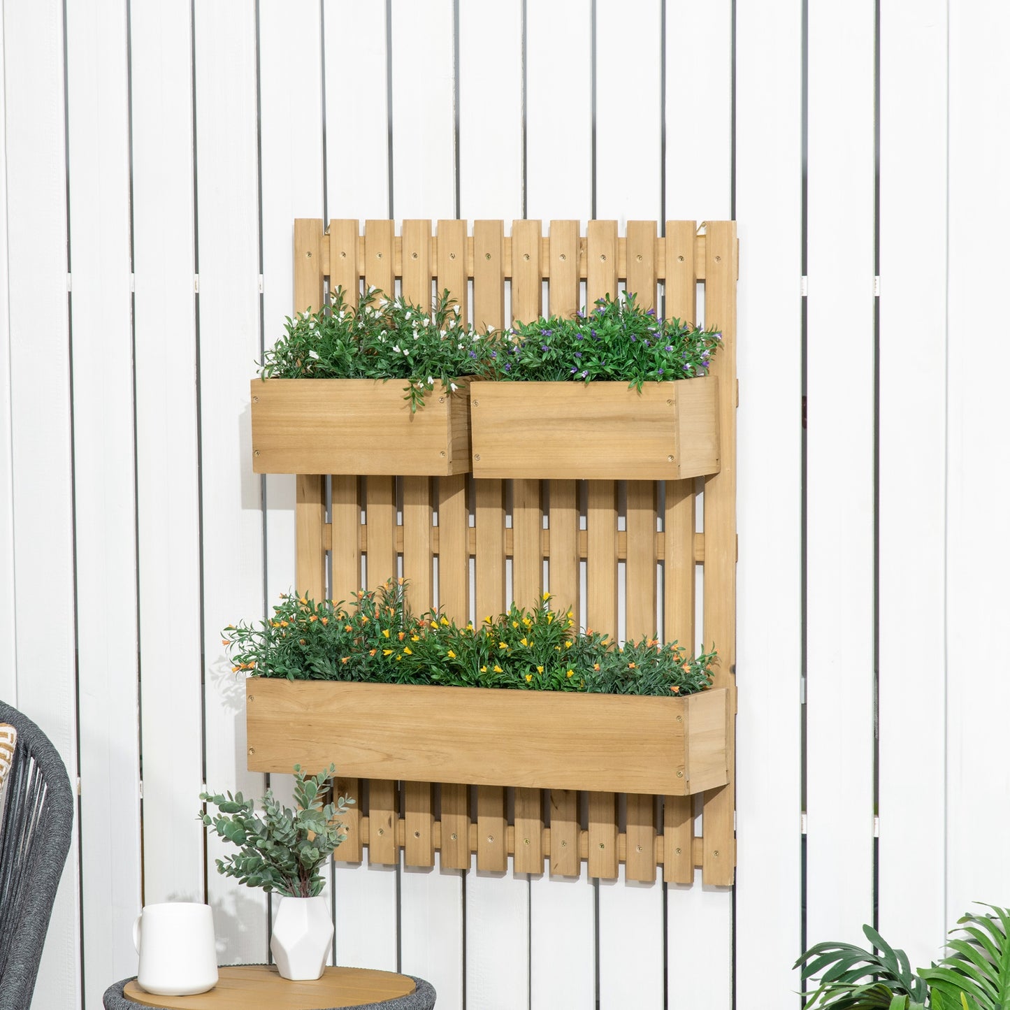 Outsunny Jardinera De Pared Con Enrejado De Madera 3 Macetas Móviles 60x16x80 Cm_1
