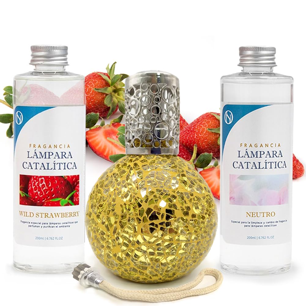 Pack Ahorro Lámpara Catalítica Mosaico Dorado + Aroma Wild Strawberry 200ml + Limpiador Neutro 200ml + Mecha Repuesto_0