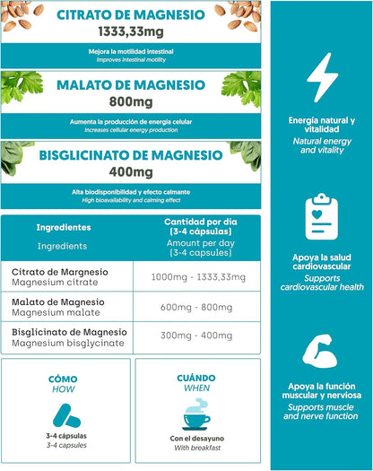 Magnesio Complex 2530mg Citrato Malato Bisglicinato Nutribrain 190 Cápsulas_5