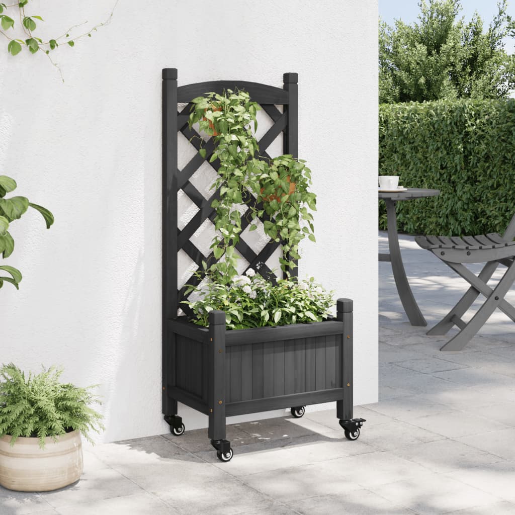 Jardinera Con Enrejado Y Ruedas Madera Maciza De Abeto Negro_2