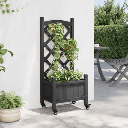 Jardinera Con Enrejado Y Ruedas Madera Maciza De Abeto Negro_2