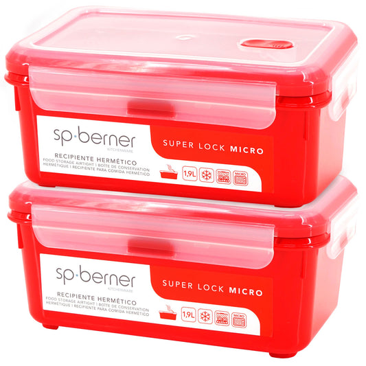 2x Herméticos Super Lock Micro 1,9 L., Aptos Para Cocinar Al Vapor En El Microondas, Ideal Transporte Y Almacenamiento De Alimentos, Cierre Clip