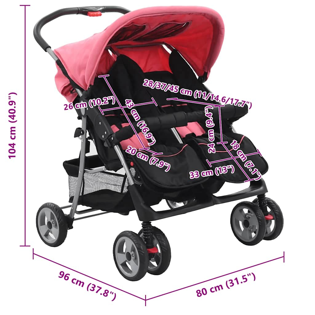 Vidaxl Silla De Paseo Para Gemelos De Acero Rosa Y Negro_2