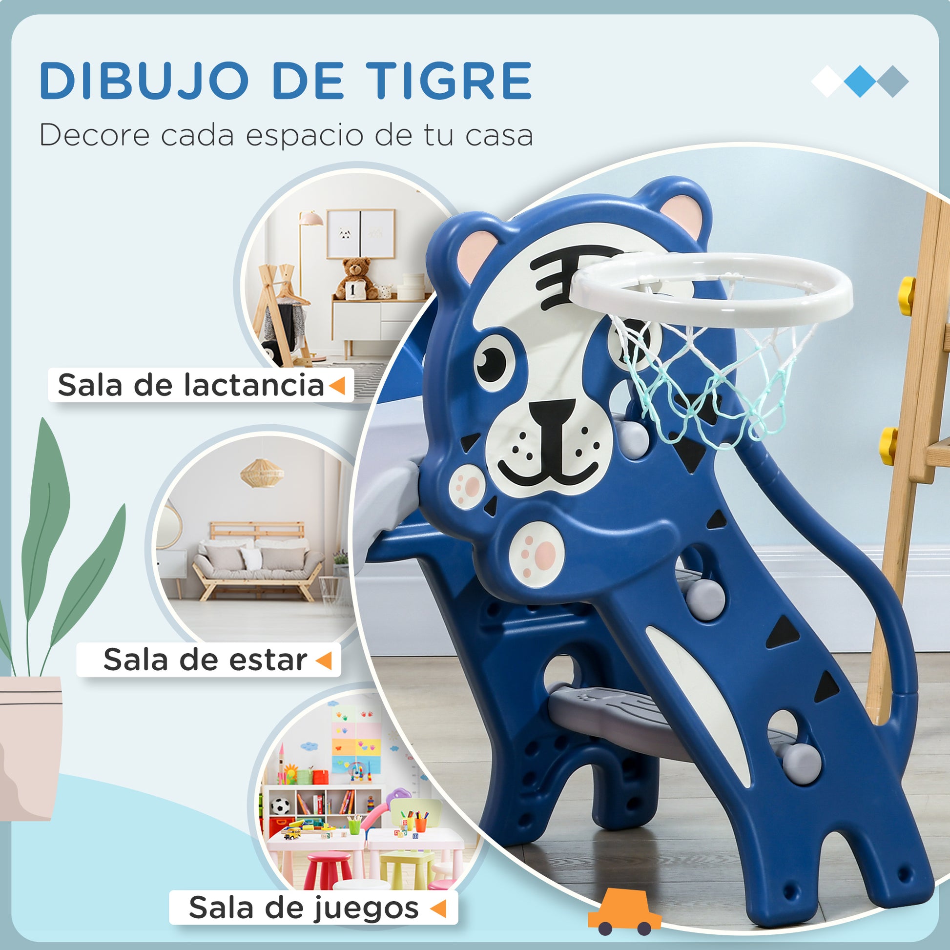 Aiyaplay Tobogán Infantil 3 En 1 Con Patrón De Tigre 133x60x70 Cm Azul Y Gris_4