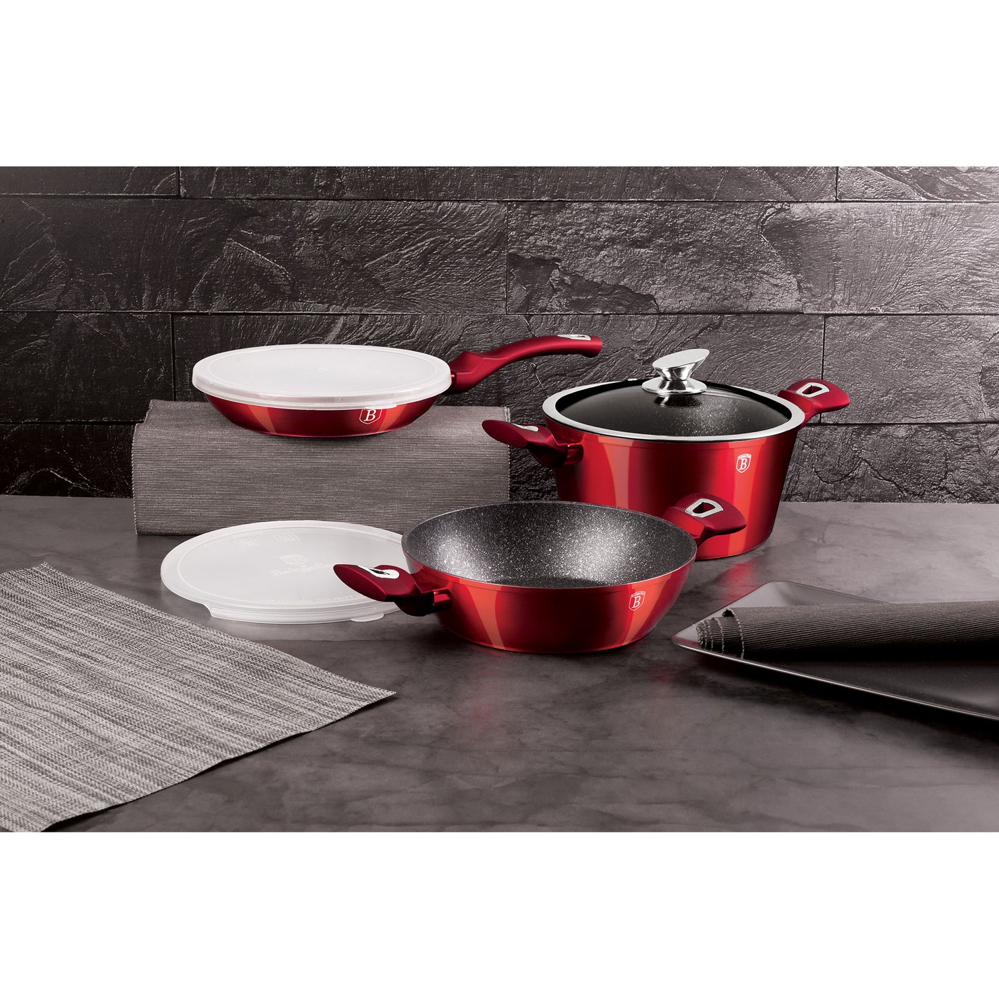 Batería De Cocina Aluminio Forjado Antiadherente Sin Pfoa, Set 2 Cacerolas, 1 Sartén, Tapas Berlinger Haus Burgundy Rojo