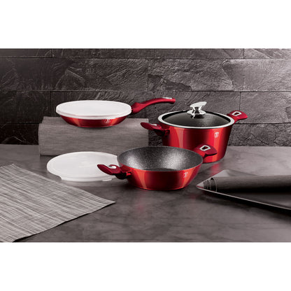 Batería De Cocina Aluminio Forjado Antiadherente Sin Pfoa, Set 2 Cacerolas, 1 Sartén, Tapas Berlinger Haus Burgundy Rojo