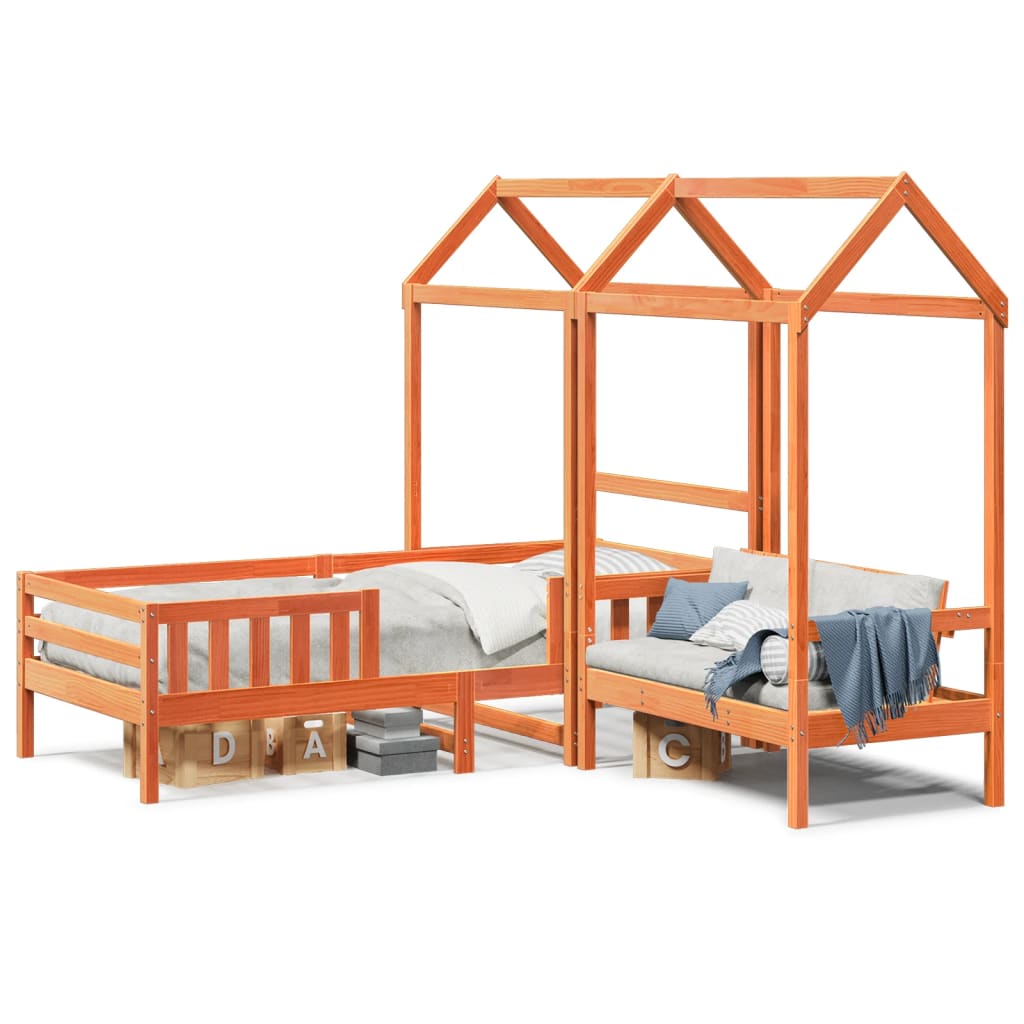 Set De Cama Y Banco Con Techo Madera De Pino Marrón 90x200 Cm_0