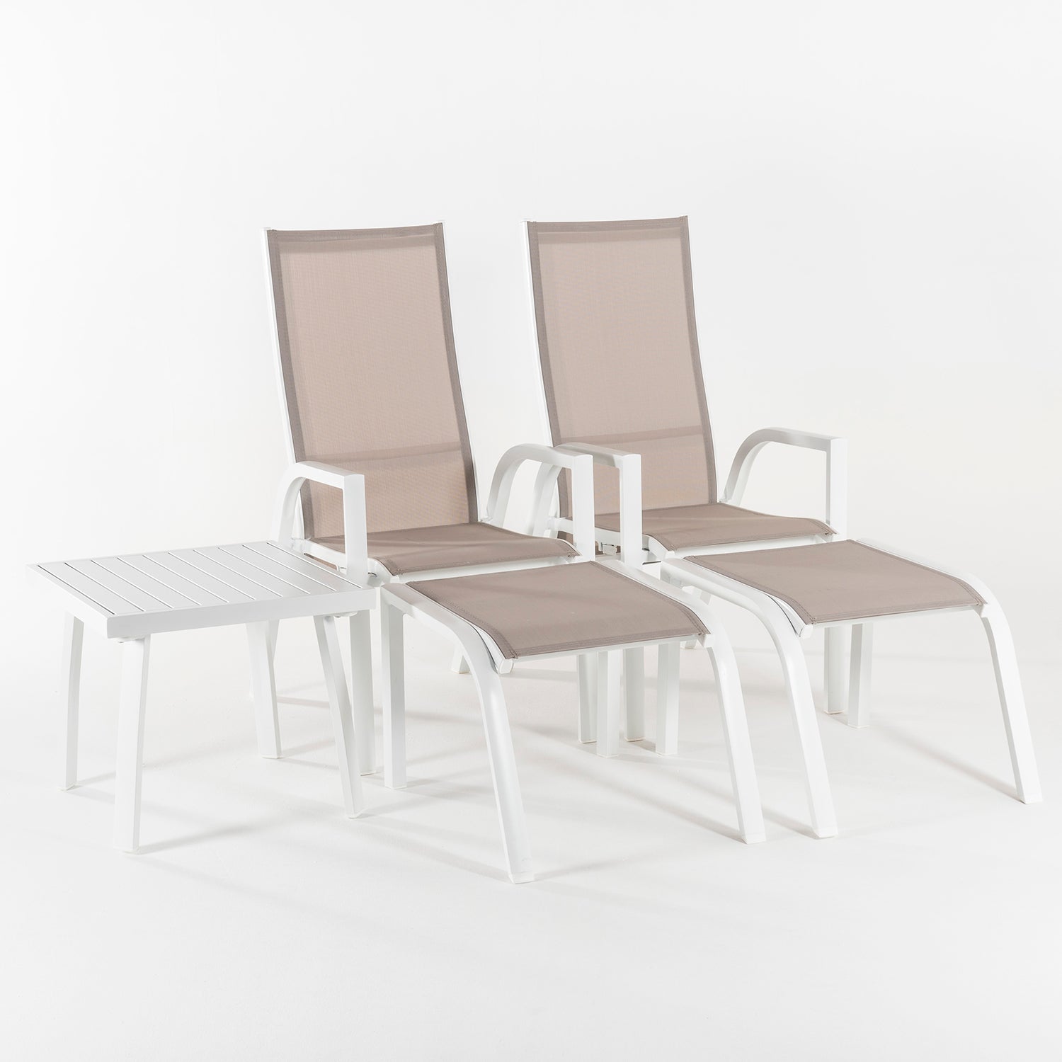 Conjunto De Terraza, 2 Sillones Reclinables + 2 Reposapiés + 1 Mesita Auxiliar, Aluminio Reforzado Blanco Y Textilene 2x2 Taupé_2