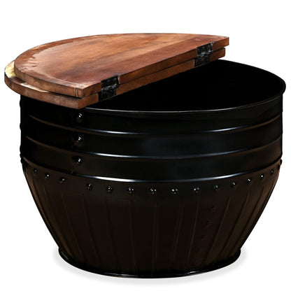 Mesa De Centro Forma De Barril Madera Maciza Reciclada Negro_2