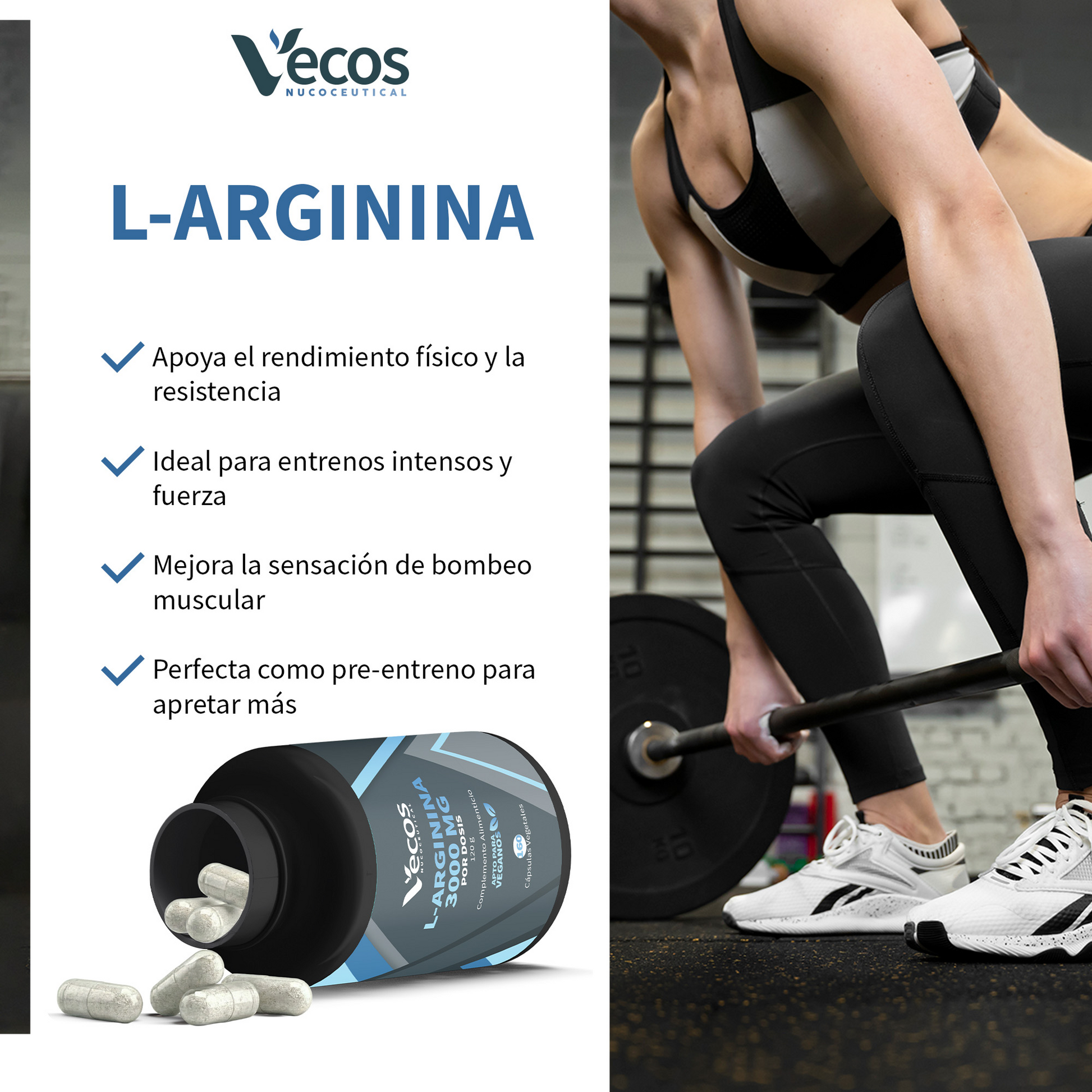 L-arginina 3000 Mg Vecos 160 Cápsulas | Rendimiento Y Fuerza Muscular | Óxido Nítrico_3