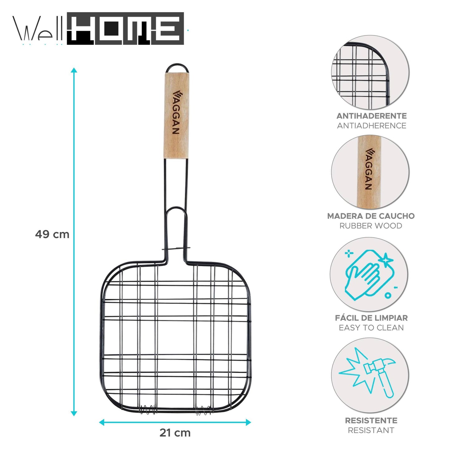 Well Home - Parrilla Grill Mango Madera Y Antiadherente 21x21cm