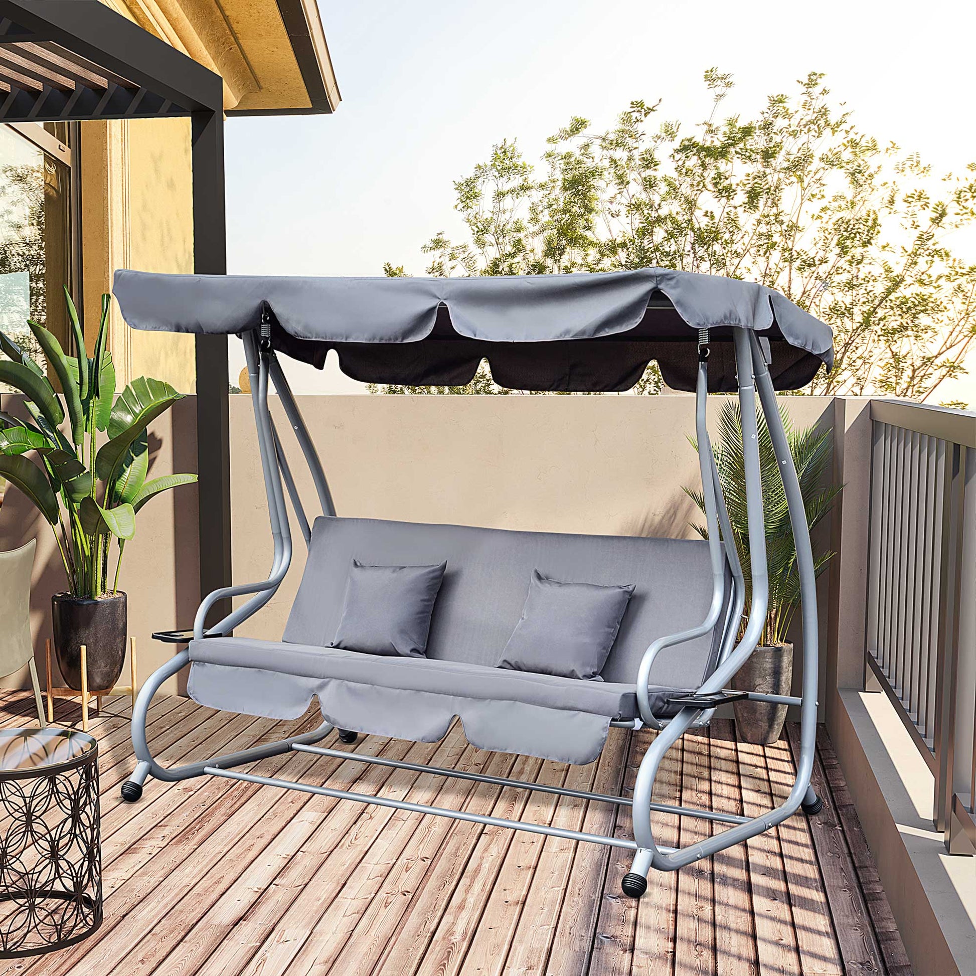 Outsunny Columpio Balancín Jardín Convertible En Cama Techo Ajustable Gris_1