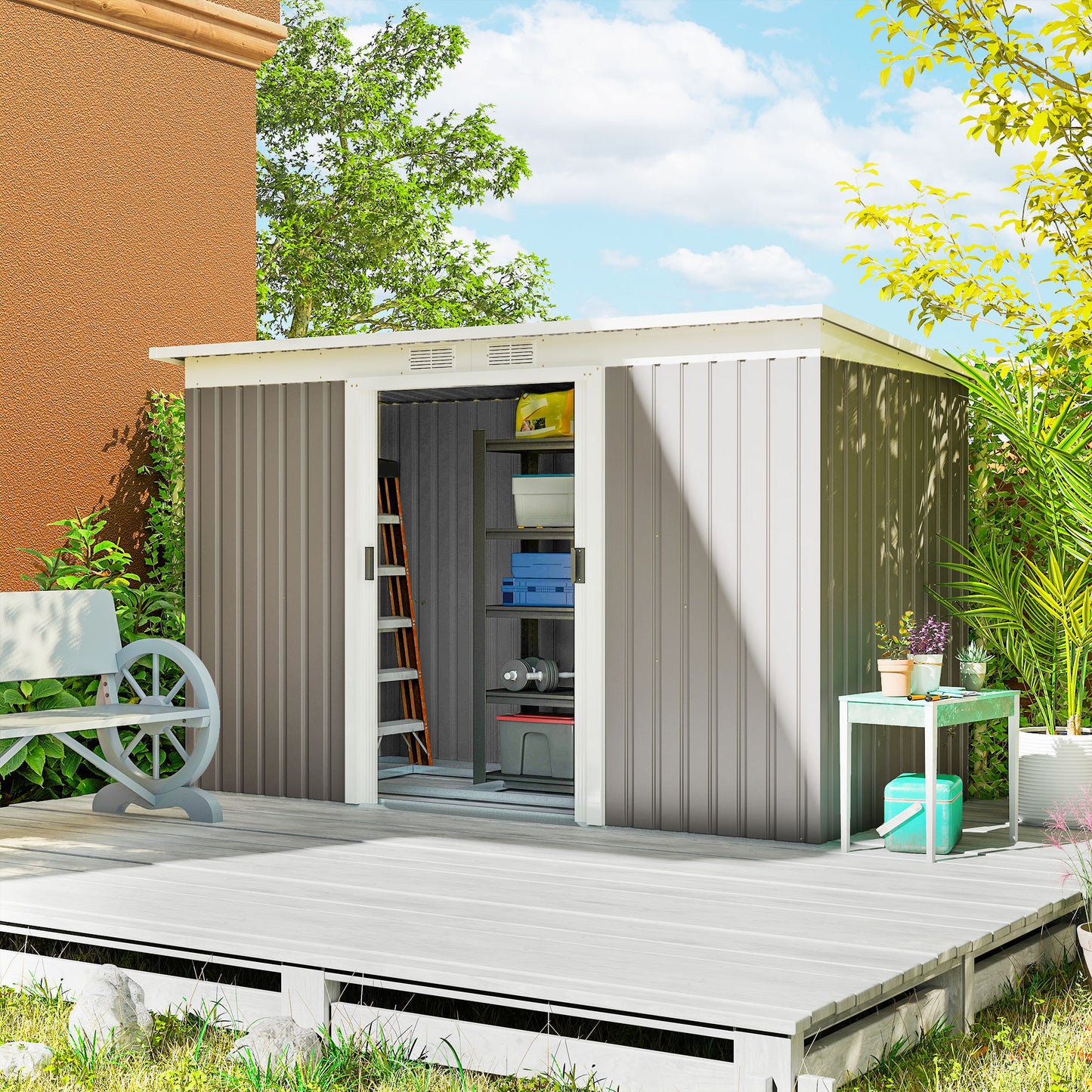 Outsunny Cobertizo De Jardín 280x130x172 Cm Base De 3,2 M² Con 2 Puertas Gris_1