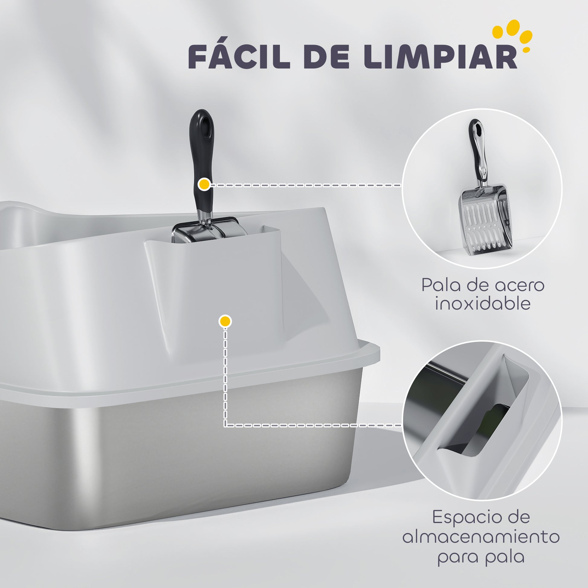 Pawhut Arenero Para Gatos De Acero Inoxidable Xxl Con Borde Alto 70x50x30cm Gris_3