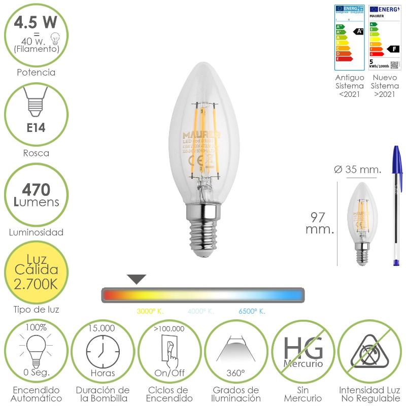 Bombilla Led Filamento Vela Rosca E14. 4,5 Watt. Equivale A 40 Watt. 470 Lumenes. Luz Cálida (2700º K.)_0