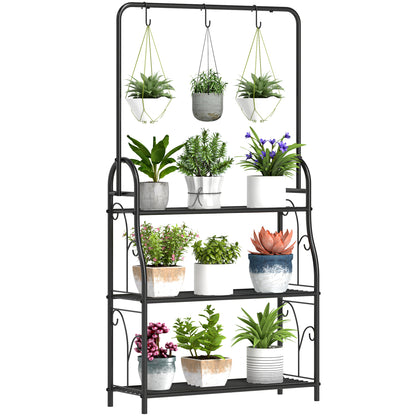 Outsunny Soporte Para Plantas De 3 Niveles Con Ganchos Barra Para Colgar Negro_0