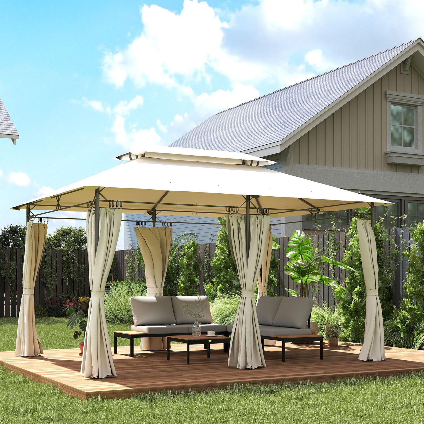 Outsunny Cenador Para Jardín 4x3 M Con Doble Techo Paredes Laterales Crema_1