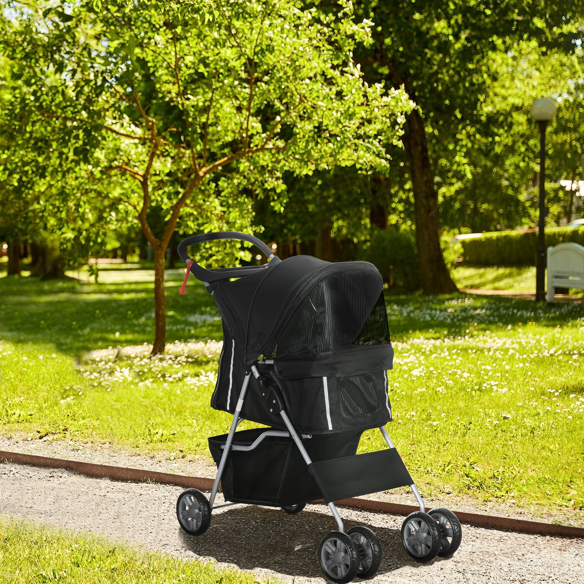 Pawhut Carrito Para Perros Plegable Con Toldo Ajustable 75x45x97 Cm Negro_1