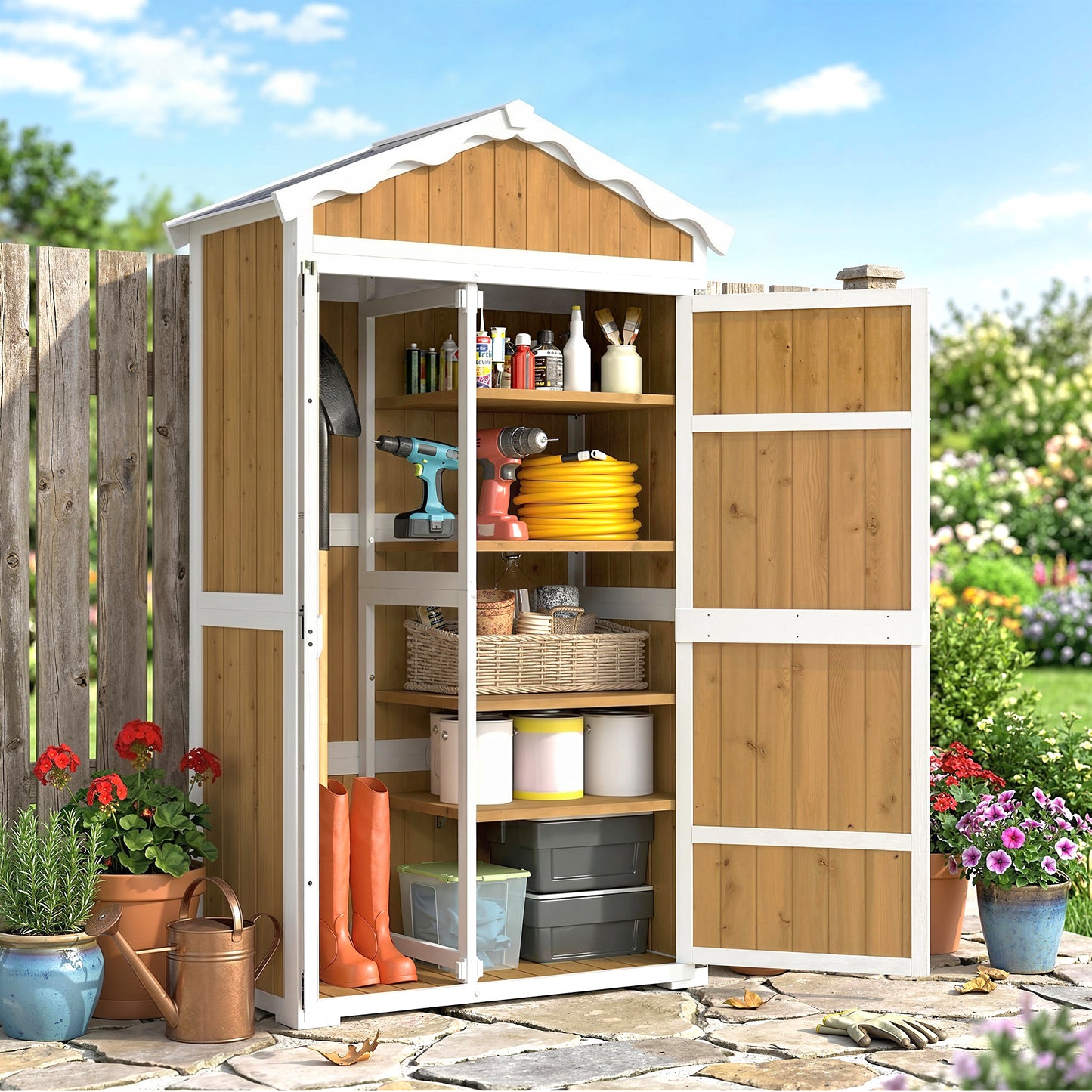 Outsunny Caseta De Jardín De Madera 105x55x179 Cm Con 4 Estantes Extraíbles_1