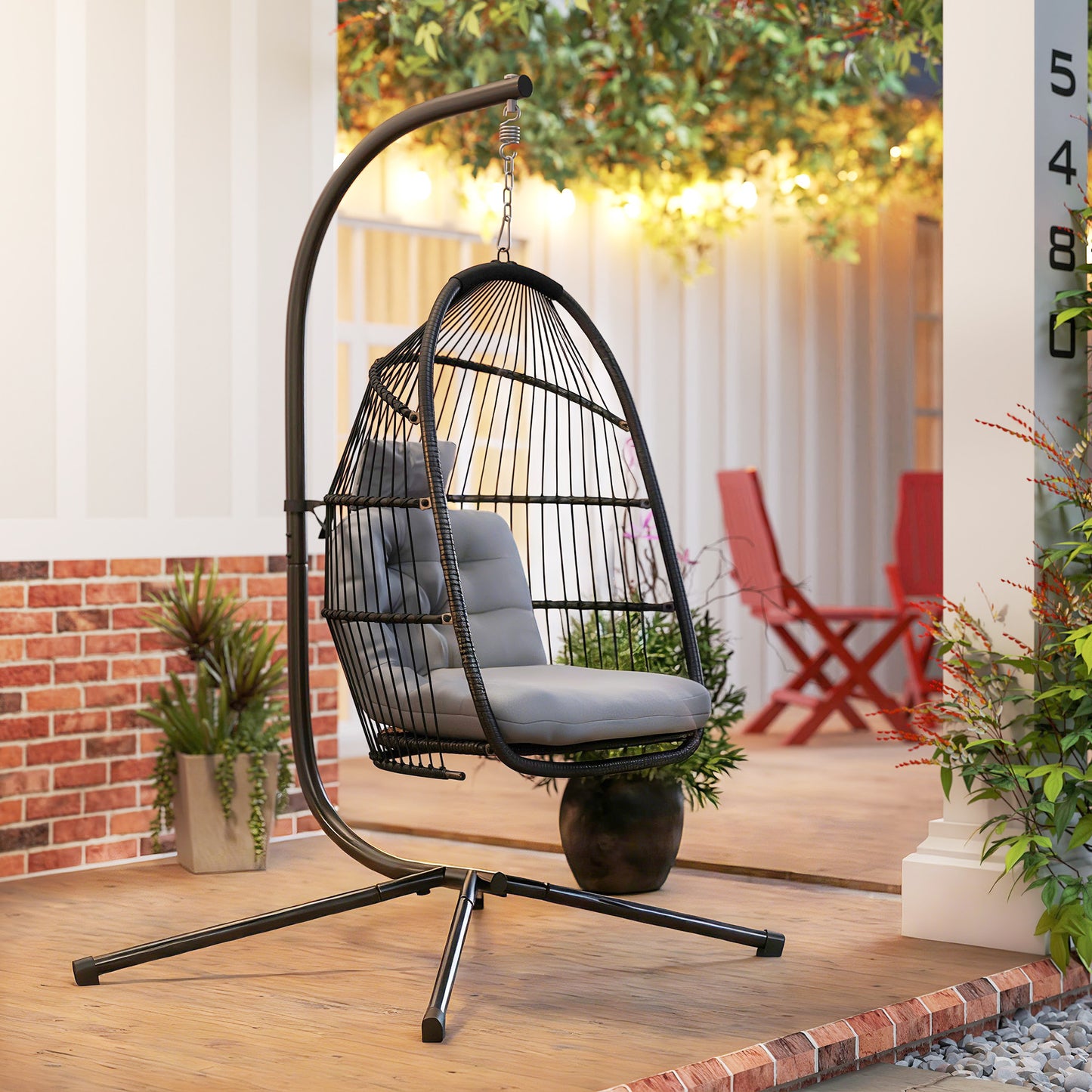 Outsunny Silla Colgante Huevo Con Soporte Cesta Plegable Cojín Gris Oscuro_4