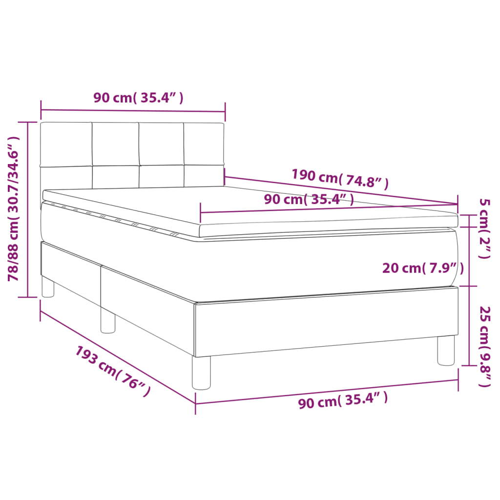 Cama Box Spring Colchón Y Luces Led Tela Color Crema 90x190 Cm / Vetonek_3