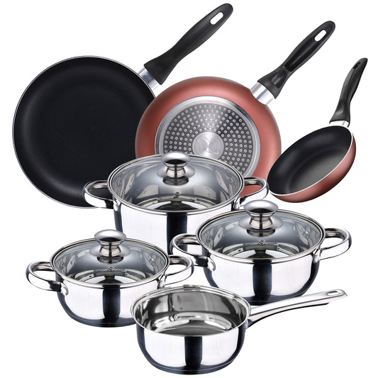 Batería De Cocina 7 Piezas San Ignacio En Acero Inoxidable + Set 3 Sartenes Ø16/20/24 Cm, Aluminio Prensado, Aptas Para Inducción