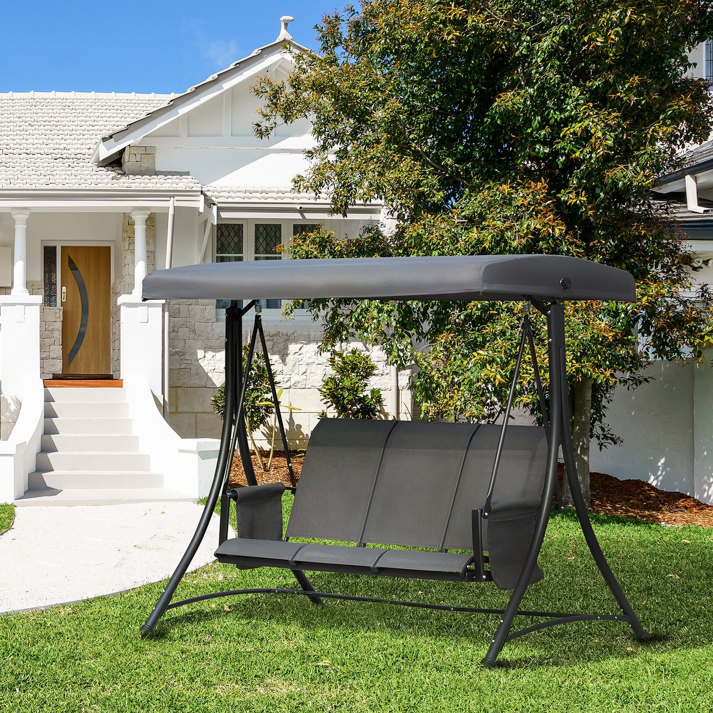 Outsunny Columpio De Jardín De 3 Plazas Con Techo Ajustable 196x128x172 Cm Gris_1