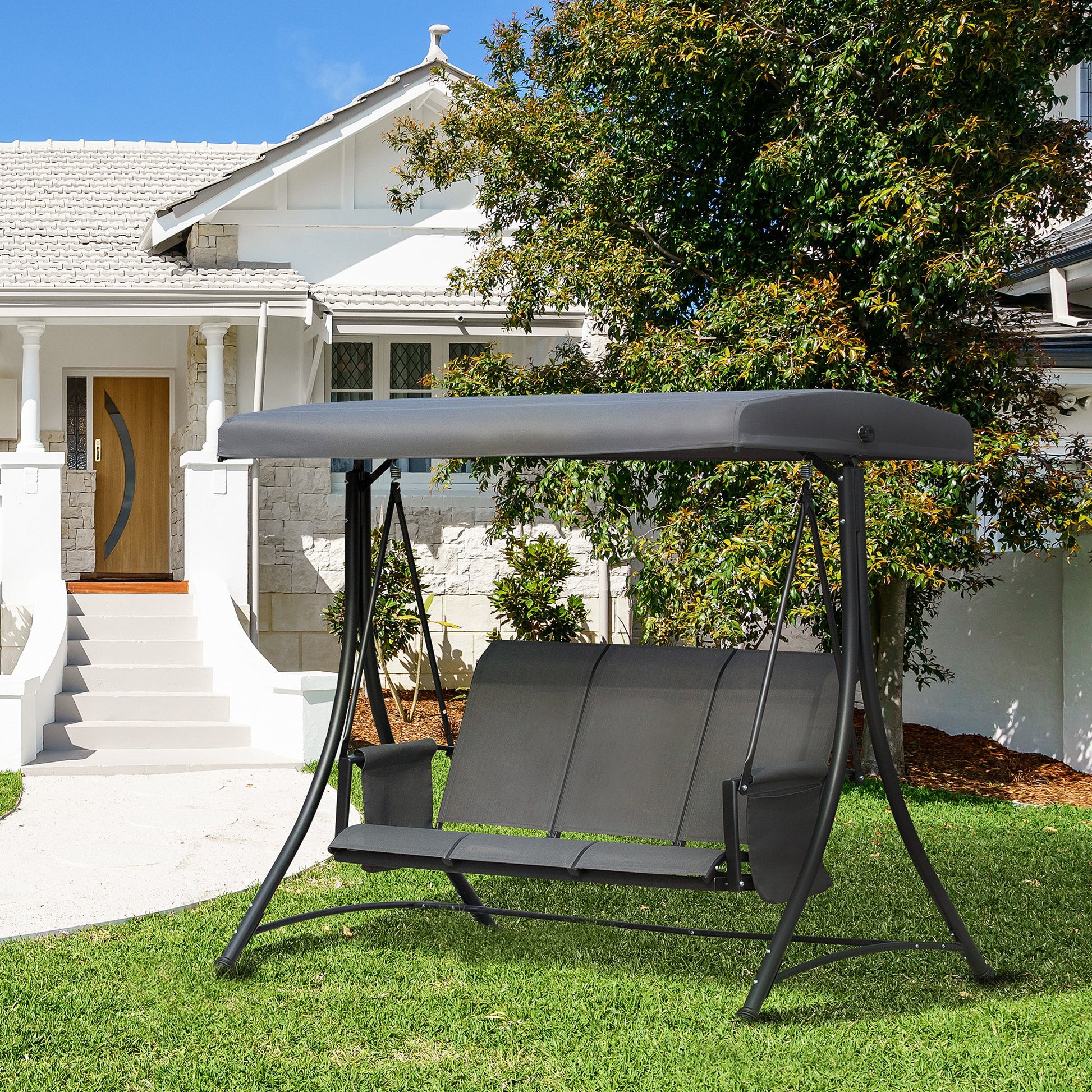 Outsunny Columpio De Jardín De 3 Plazas Con Techo Ajustable 196x128x172 Cm Gris_1