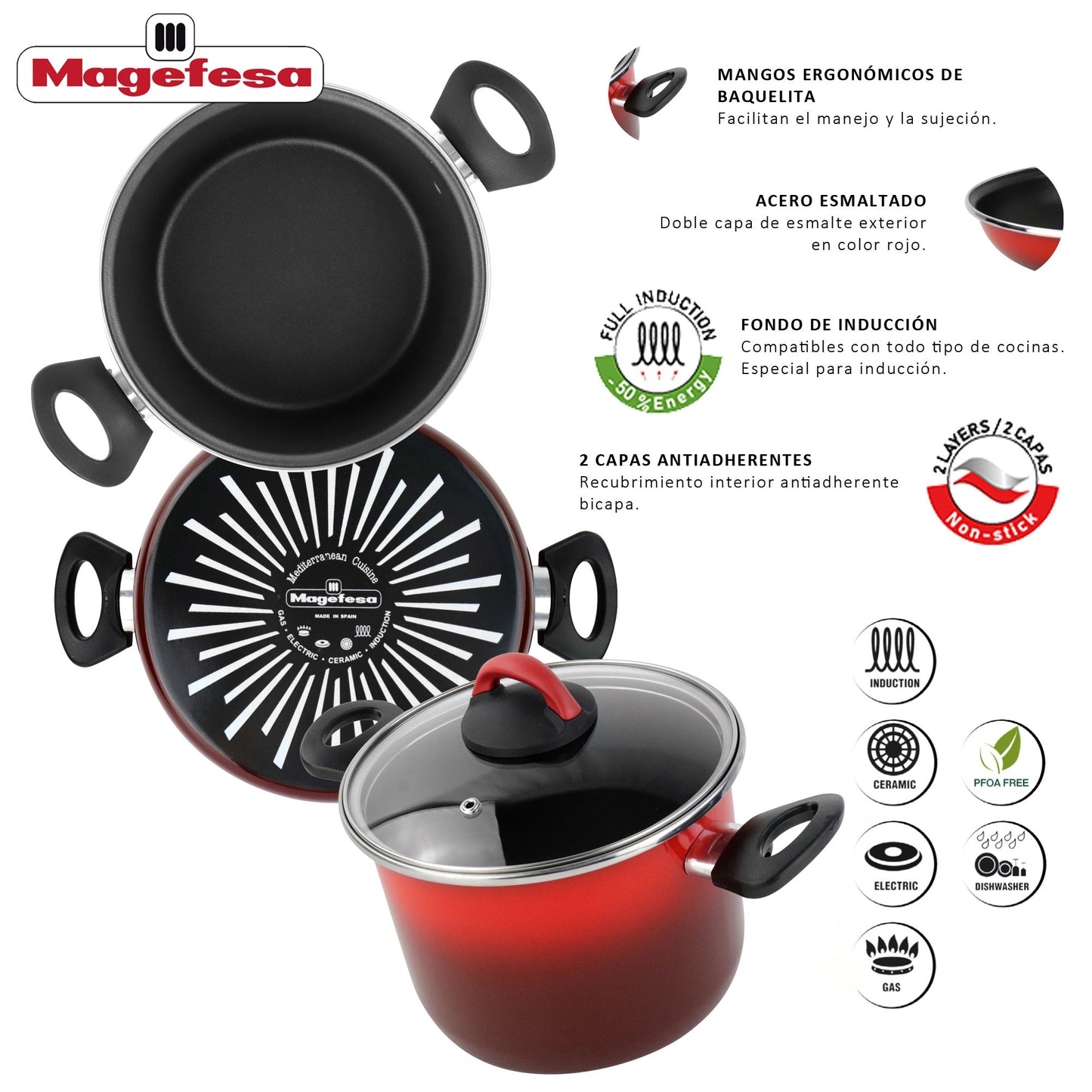 Olla Alta 'sr' Ø20cm Con Tapa Vidrio Rojo Magefesa