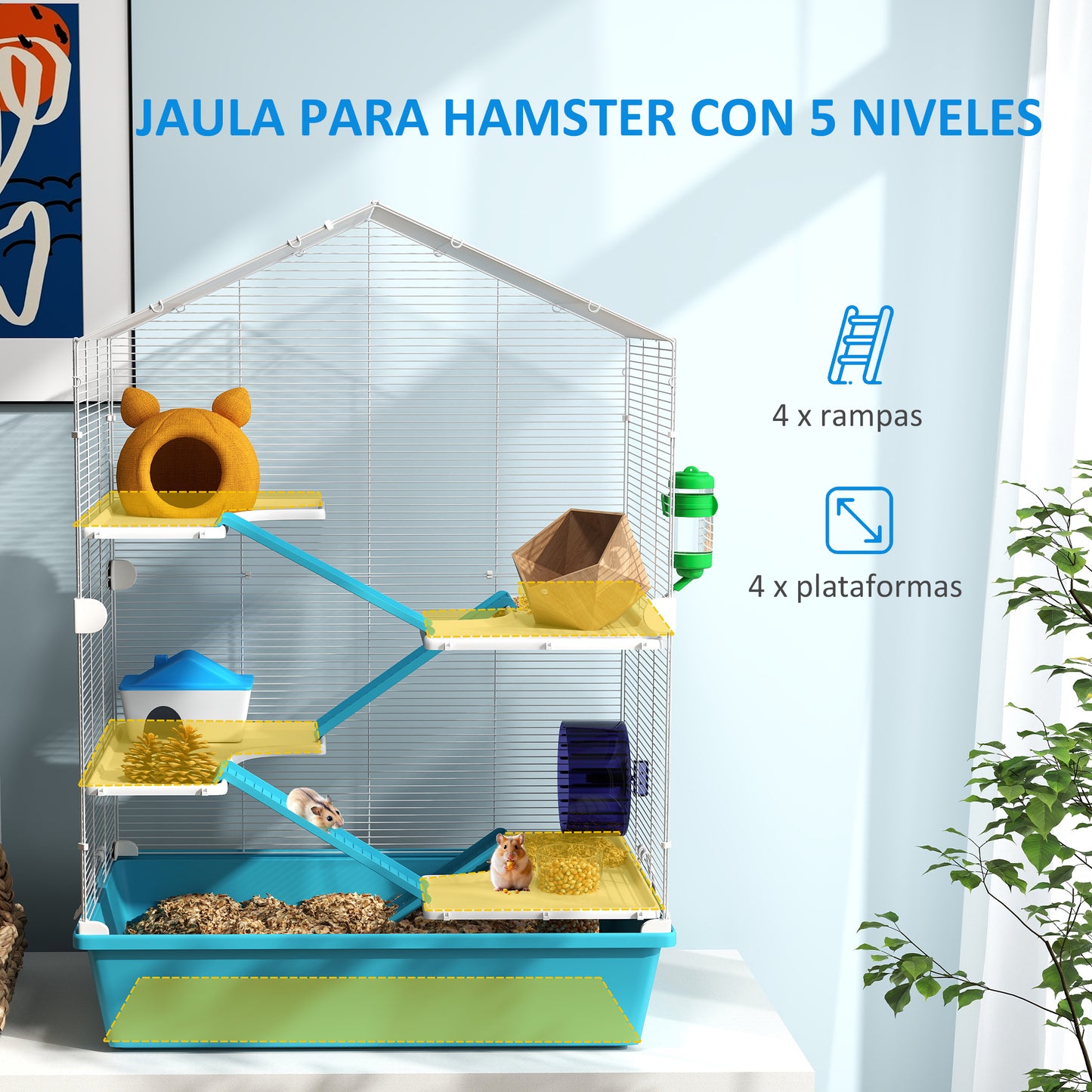 Pawhut Jaula Para Hámster De 5 Niveles Con Plataformas 58x36x81 Cm Azul Claro_3