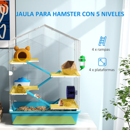 Pawhut Jaula Para Hámster De 5 Niveles Con Plataformas 58x36x81 Cm Azul Claro_3