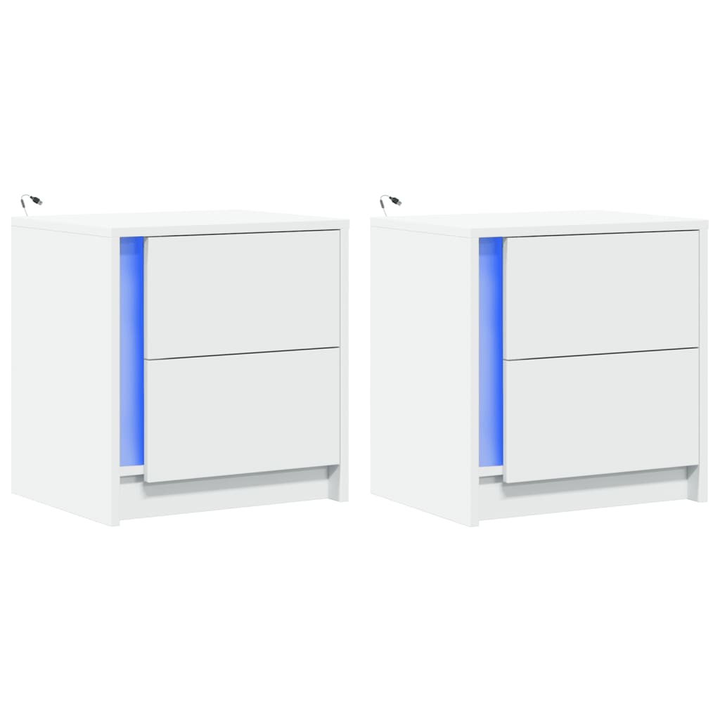 Mesitas De Noche Con Luces Led 2 Uds Madera Ingeniería Blanca_1