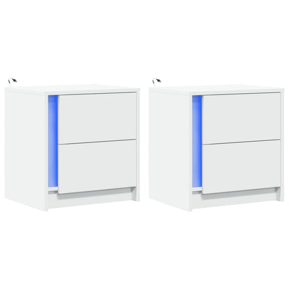 Mesitas De Noche Con Luces Led 2 Uds Madera Ingeniería Blanca_1