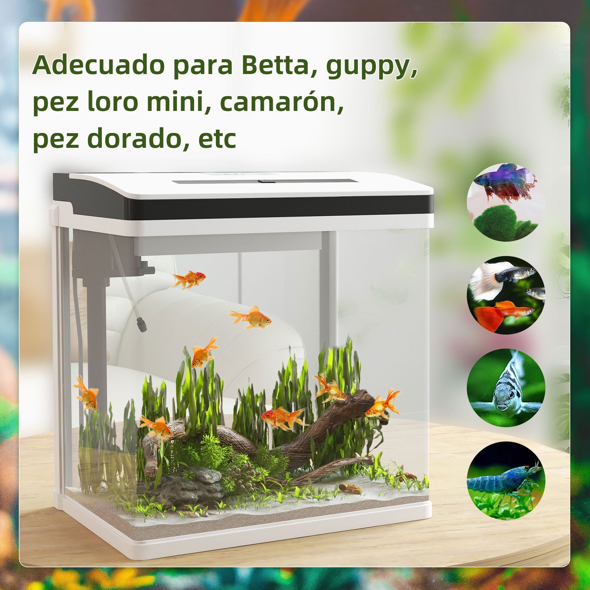 Pawhut Acuario De Cristal De 28l Pecera Pequeña Con Sistema De Filtro Iluminación Led Bomba De Agua 38x26x39_3