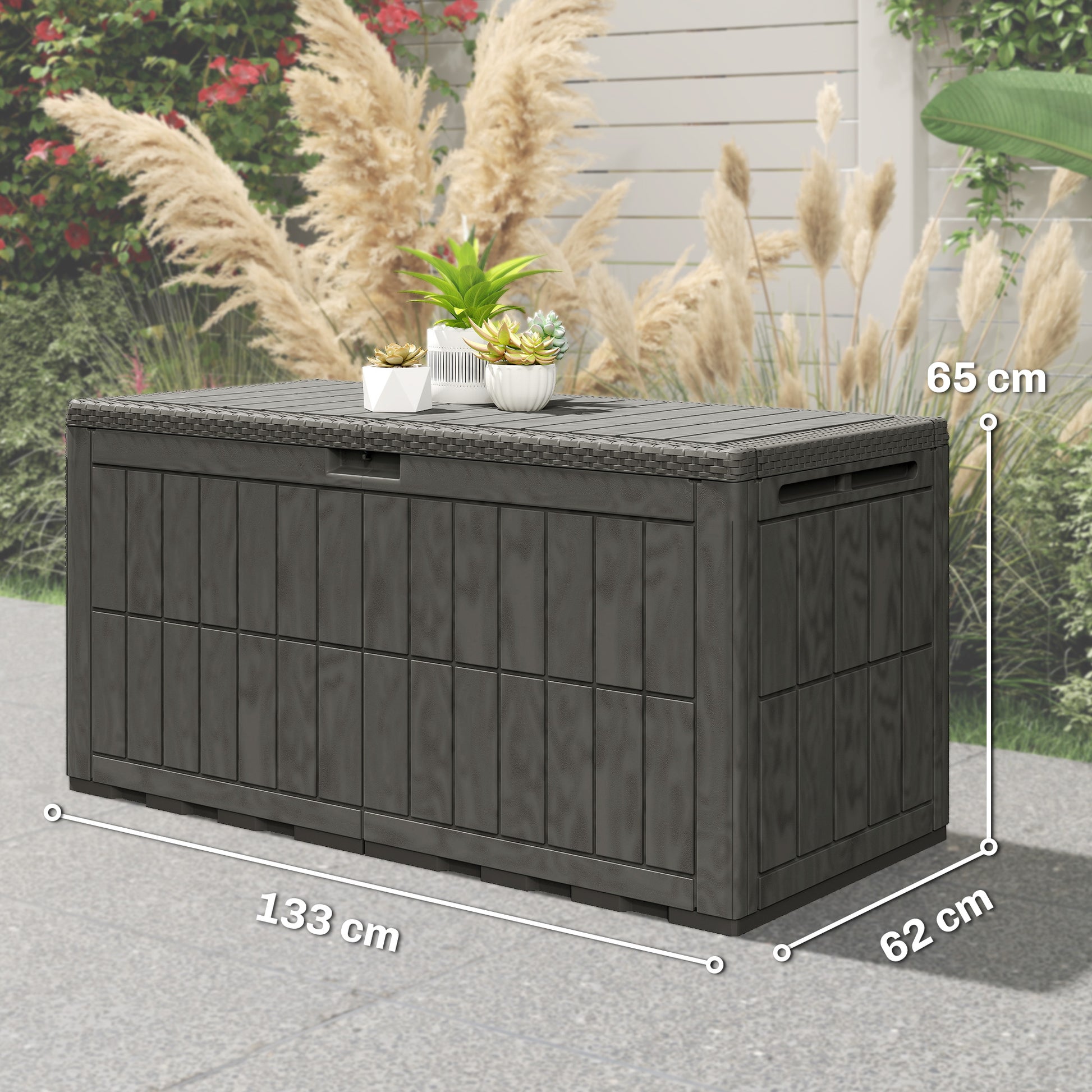Outsunny Arcón Exterior Capacidad 440l Con Tapa Bloqueable Barras De Gas Café_2